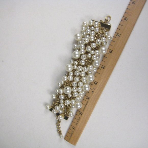 Imitation Pearl Multi Strand Bracelet Goldtone Chain Charm Statement Adjustable - Picture 5 of 6